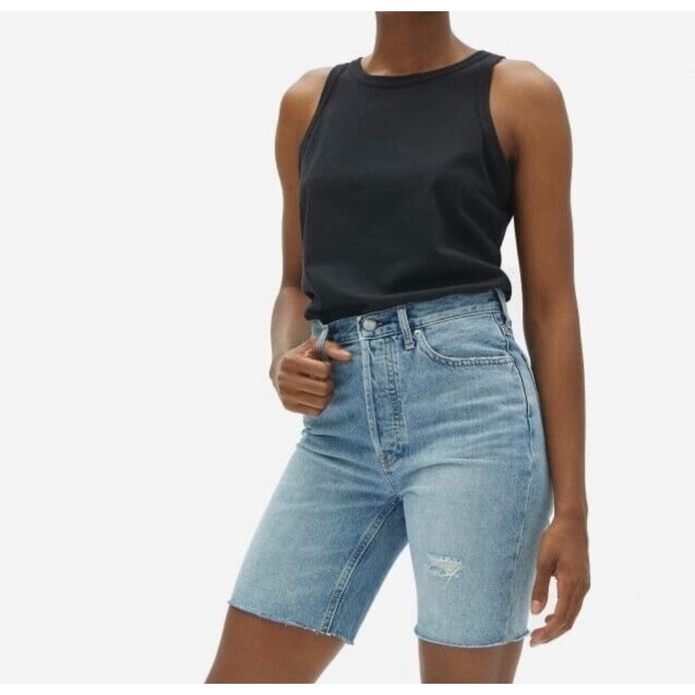 Everlane Cheeky Denim Shorts Long‎ Distressed Raw Hem Light Wash Size 23
